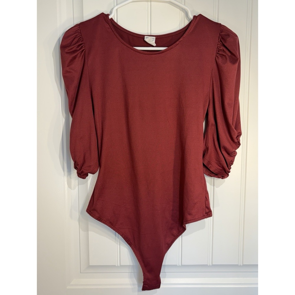 Melrose and Market Burgundy Puff Sleeve Knit Bodysuit‎ Women's Small Crew Neck